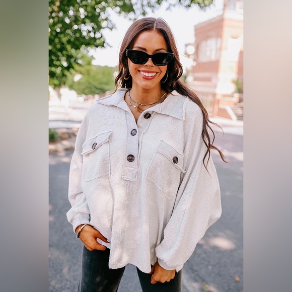 Bucketlist French Terry Henley Button Up Oversized Sweater - Picture 9 of 11